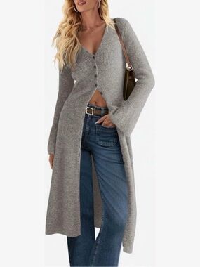 Longline Grey Button-Front Ribbed Cardigan